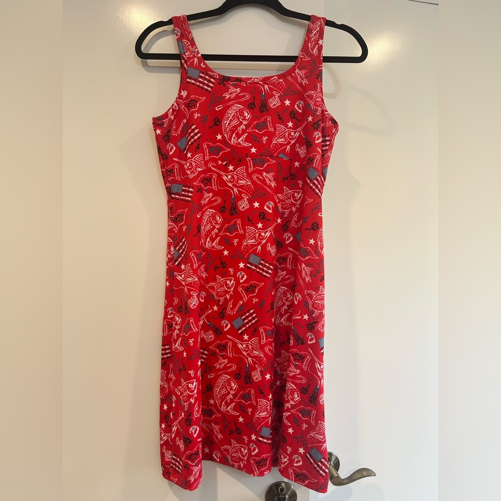 Columbia PFG Midway Bay Red Spark Americana Fish Print Omni-Wick Freeze Dress M - Picture 2 of 9